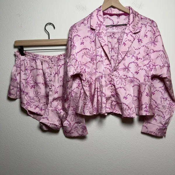 Free People Women PJ Set M Pink Beauty Sleep‎ Blushing Combo Bow Floral Peplum - Image 2