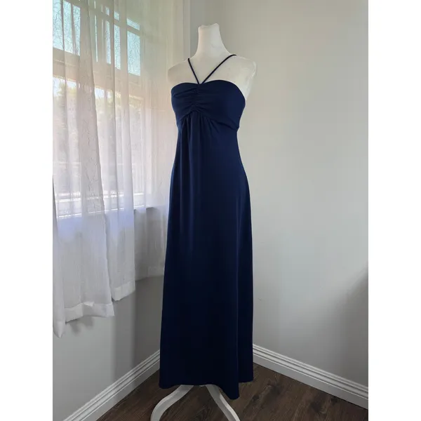 Vintage ‘80s Navy Blue Sleeveless Spaghetti Strap Maxi Dress - Image 2