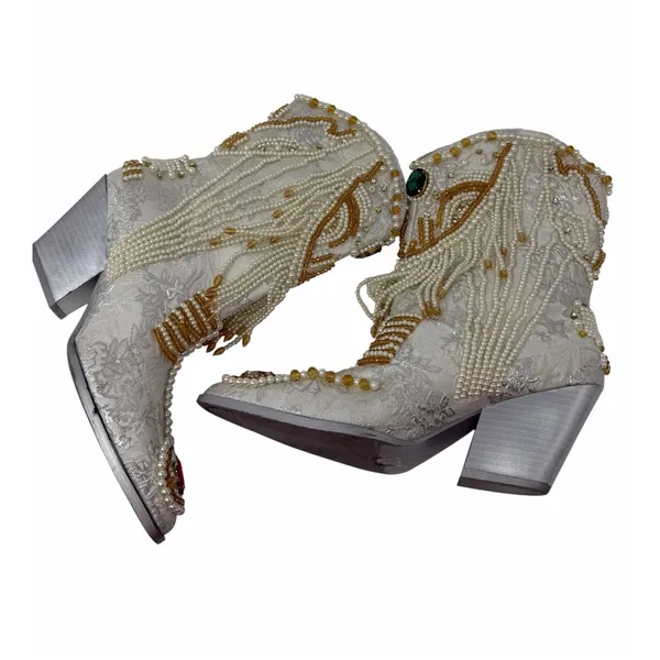 Azalea Wang Astounding White Jewel Beaded Pearl Western Cowboy Boots Size 6 - Image 5