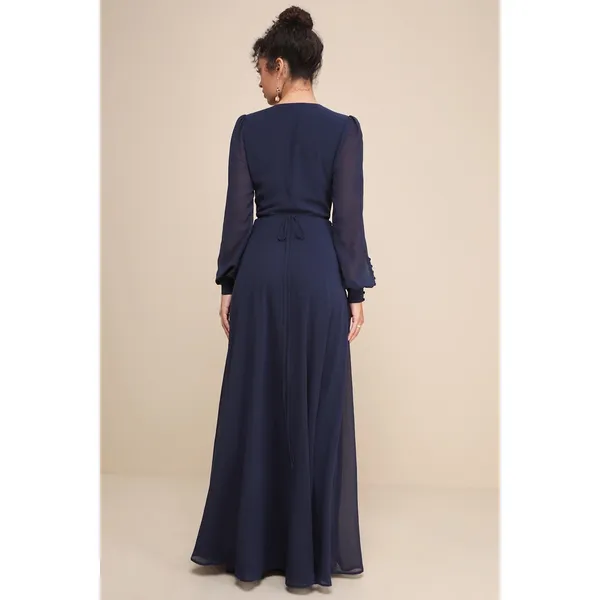 Lulus My Whole Heart Dark Navy Blue Long Sleeve Wrap Dress Chiffon Medium NWT - Image 3