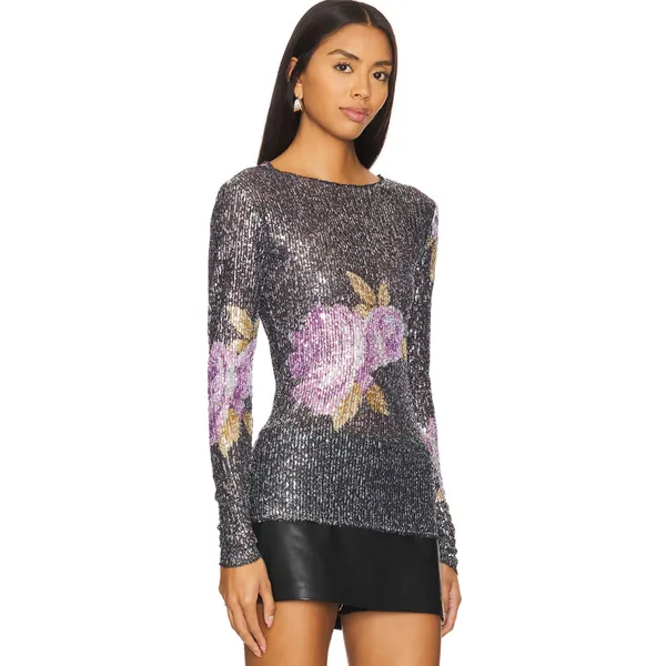 Free People Printed Gold Rush Sequin Top Long Sleeve Amethyst Combo XS NWT - Image 2