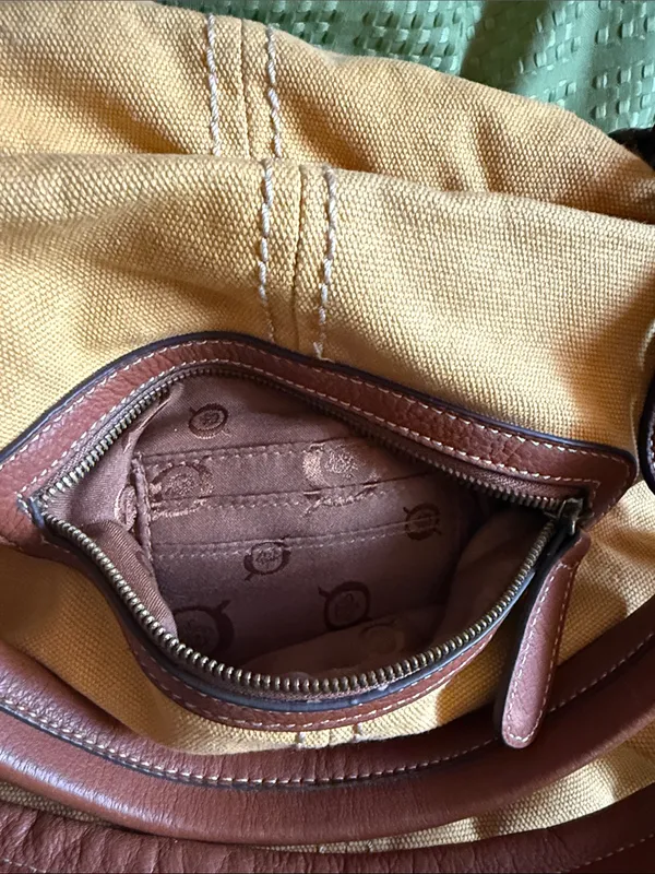 BORN Women’s Canvas Tote Bag with Brown genuine Leather Trim - Mustard - Image 5