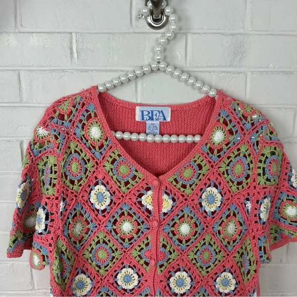 Vintage Granny Knit Crotchet Button Front Top Size M - Image 3