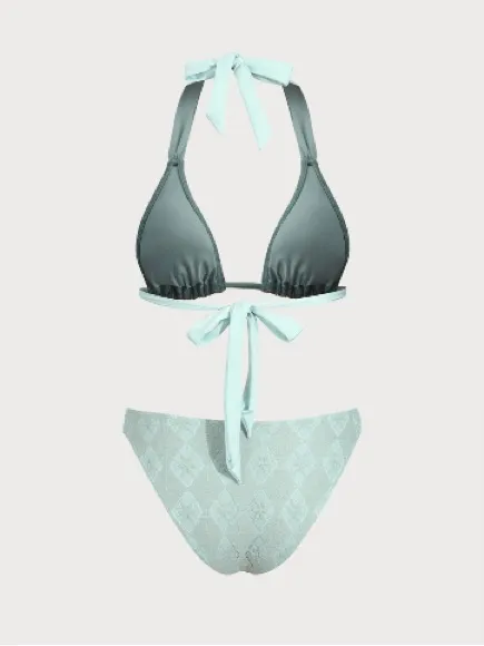 Samiol Grey Green Hollow Lace Flower Bikini Set - Image 3