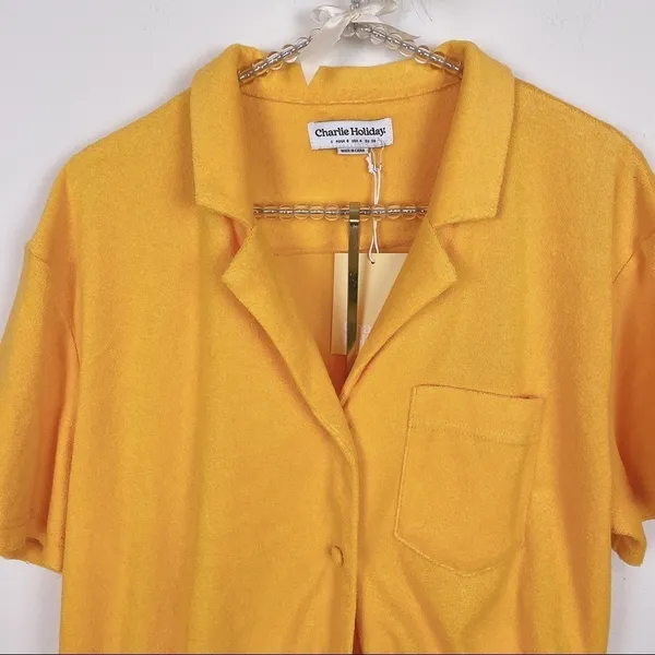 Charlie Holiday Cleo Terry Cloth Shirt Shorts Set Orange Resort Beach Lounge - Image 3