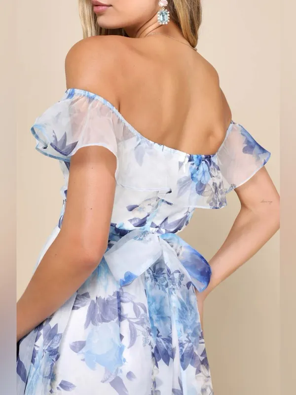 Lulus Sweet Composure Blue Floral Organza Off Shoulder Midi Dress Medium New NWT - Image 5