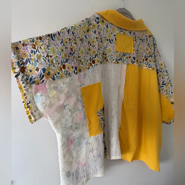POL Floral/Lace Oversized Crochet Contrast Patchwork Boho Hippie Blouse small - Image 11