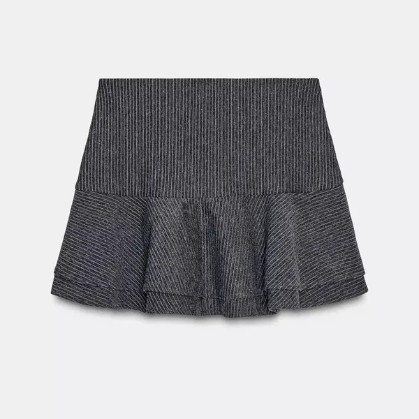 Zara NWT gray pin stripe striped double tiered layered ruffle hem mini skirt - Image 6