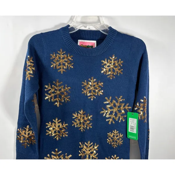 Tipsy‎ Elves Blue Mini Sweater Dress With Gold Sequin Snowflakes Size XS NWT - Image 3