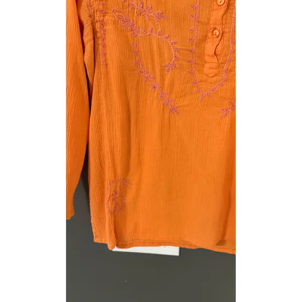 Kaketus Y2k Orange Cotton Gauze‎ Embroidered Boho Henley Blouse Womens Large - Image 3
