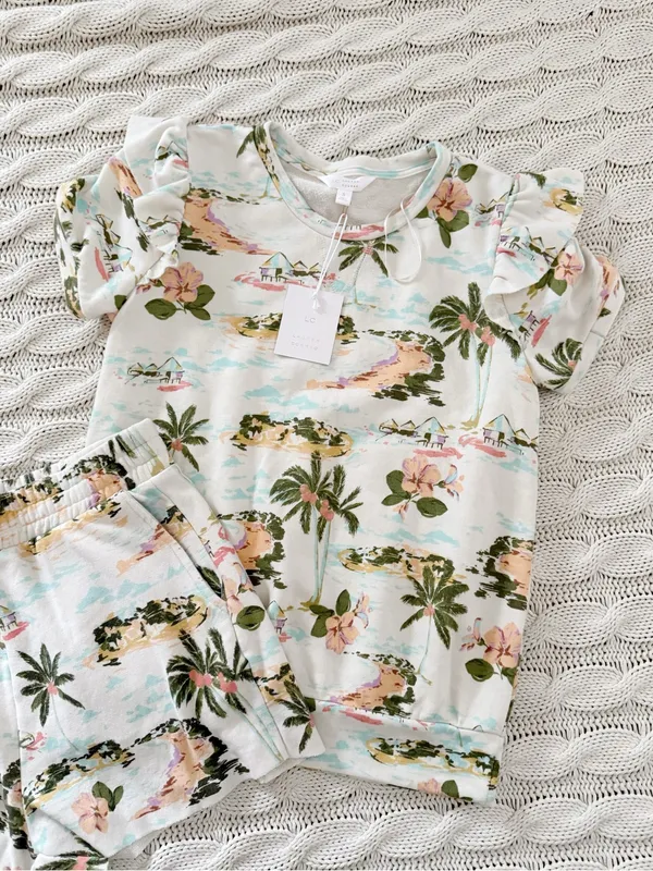 LC Lauren Conrad Cream Tropical Print Short Sleeve Top & Shorts Set - Image 4