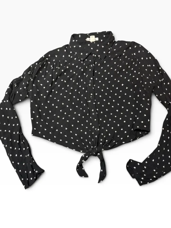 Billabong Black White Print Tie Front Button Down Cropped Blouse Large - Image 3