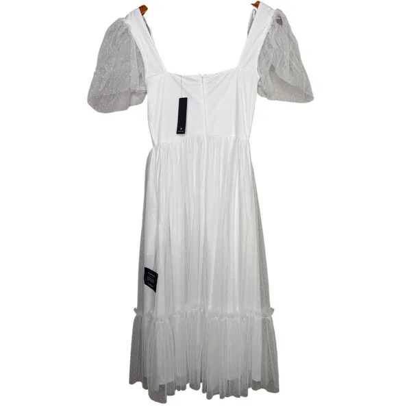 NWT Lulus Dreamy Celebration Sheer Tulle Bustier Swiss Dot Midi Dress S White - Image 6