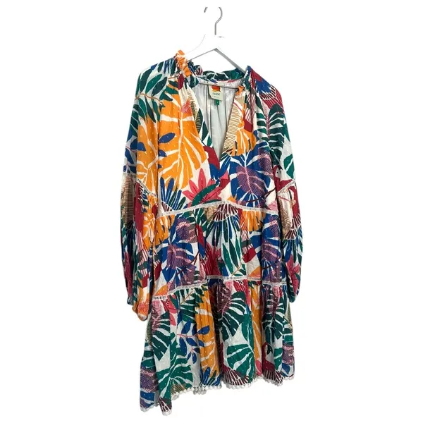 FARM Rio Tropical Parrot Leaf Print Tiered Mini Dress Size Small - Image 4