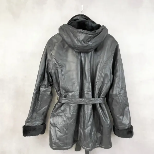Ivy And Shania Women‎ Leather Jacket XL Belted Faux Fur Hooded Winter Edgy - Image 6