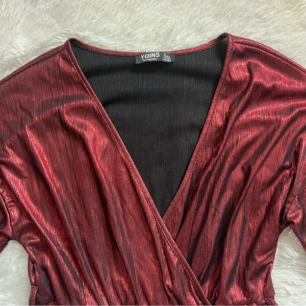 YOINS Metallic Long Sleeve Romper Dress Red Size M - Image 7