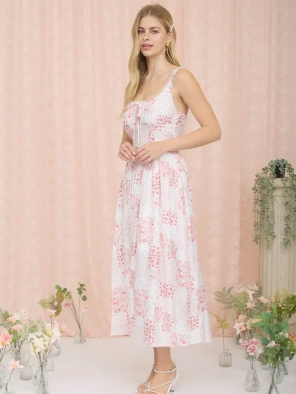 Floral Sleeveless Corset Front Tie Midi Dress Large - Image 5