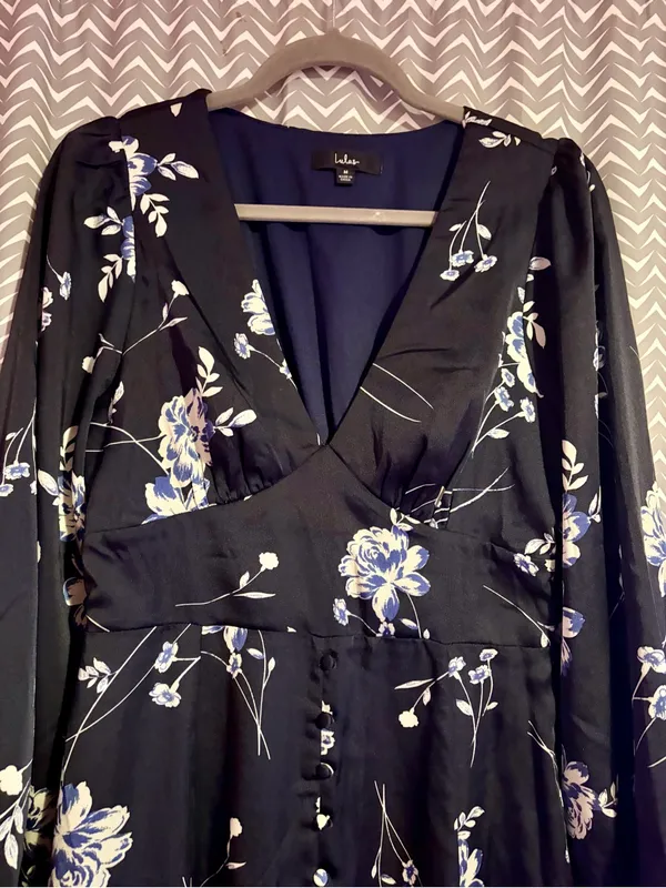 Lulus | Beautiful Details Navy Blue Floral Long Sleeve Midi Dress, M - Image 5