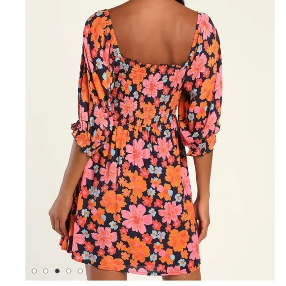NWT Lulus Pollen in Love Navy Blue Floral‎ Puff Sleeve Mini Skater Dress SMALL - Image 4