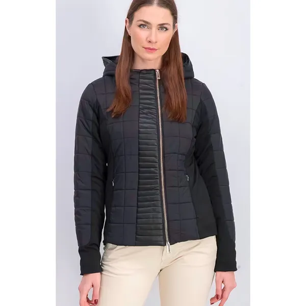 Marc New York Jacket Womens Medium Black Faux Leather‎ Quilted Hooded Zip B16 - Image 3