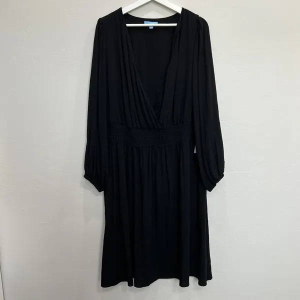 Draper James RSVP Plus 1X Smocked Waist Dress Surplice V-Neck Black‎ Long Sleeve - Image 4