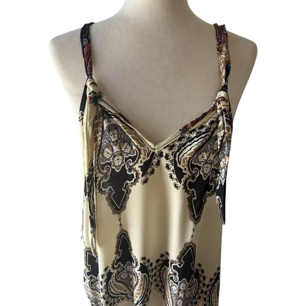 Women’s M Paisley Slip Dress Beige Black Blue Orange V-Neck Strappy Knee - Image 2