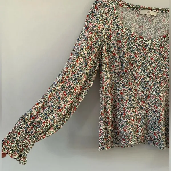 Loft Floral Funky Multi Color Blouse Long Sleeve Top Bell Bottom Sleeves Size S - Image 3