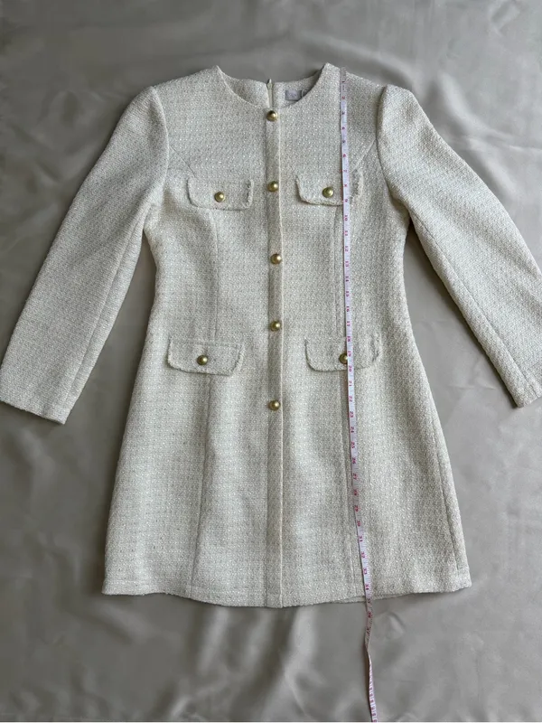 Sentubila Ivory Tweed Mini Dress Gold Buttons NWT Size L - Image 12