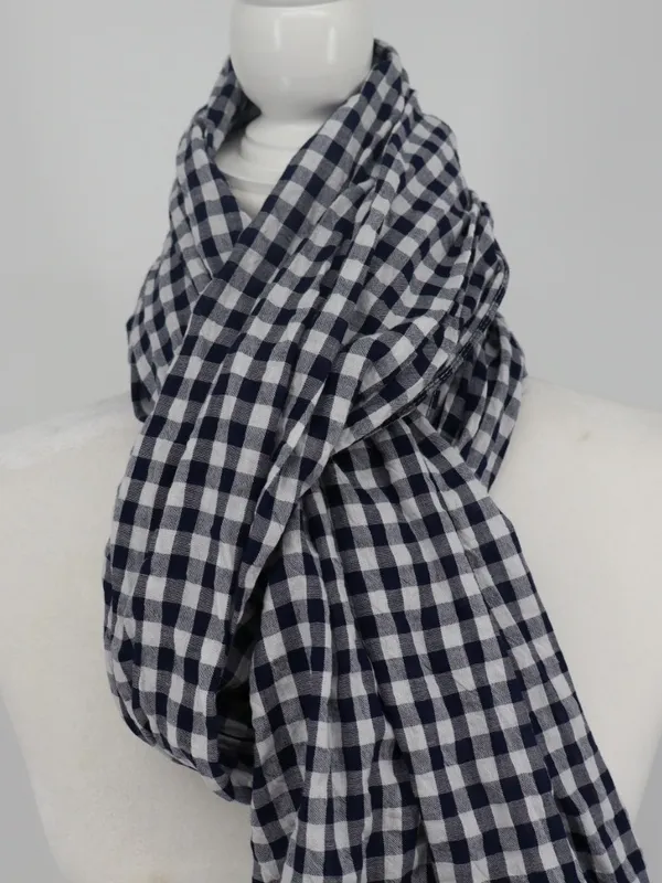 J.Crew Navy White Gingham Plaid Pom Pom Scarf 100% Cotton NWT Preppy Picnic - Image 2