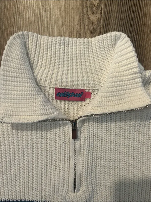 Edikted 1/4 Zip oversized Ribbed Sweater White with Navy Stripes Nautical cotton - Image 6