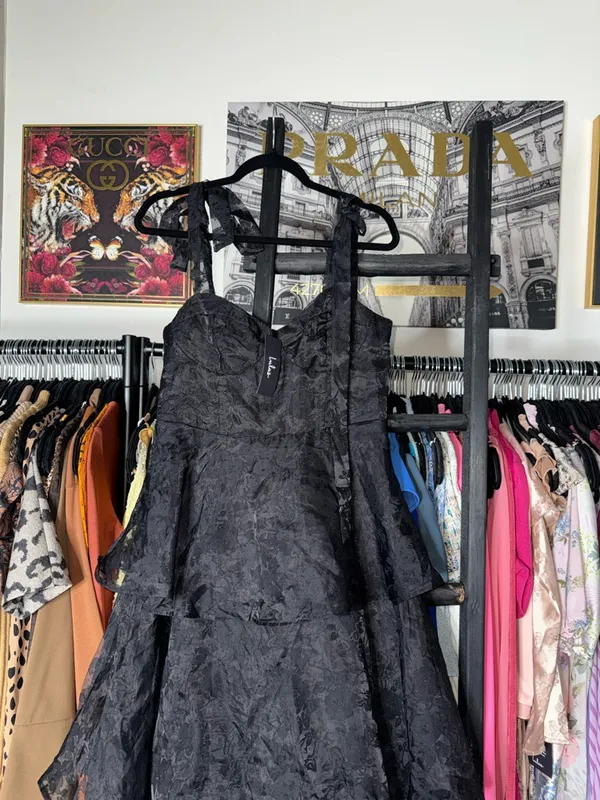 Lulus Black Burnout Jacquard Tie Strap Bustier Midi Dress Large New NWT - Image 6