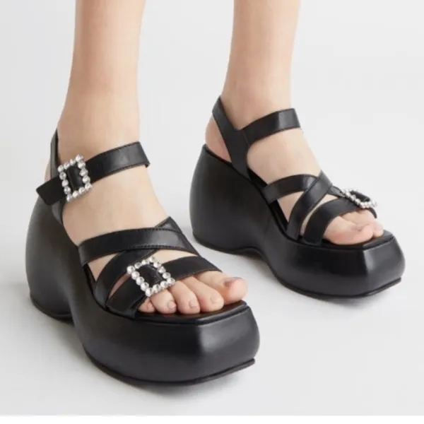 New Free People Brooklyn Ankle Strap Platform Sandal Black Leather Size 7.5 - Image 2