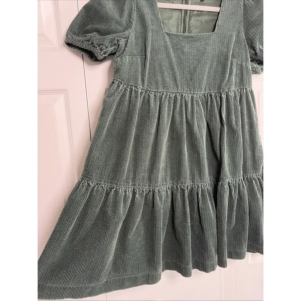Madewell‎ Corduroy Tiered Babydoll Dress Womens Size 0 Green Puff Sleeve Cotton - Image 3
