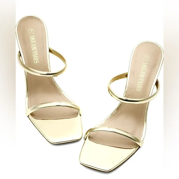 Dream Paris NWOT Beautiful Gold Heels, Size:7 Square Open Toe Wedge Heels, 2Stunning Straps - Image 3