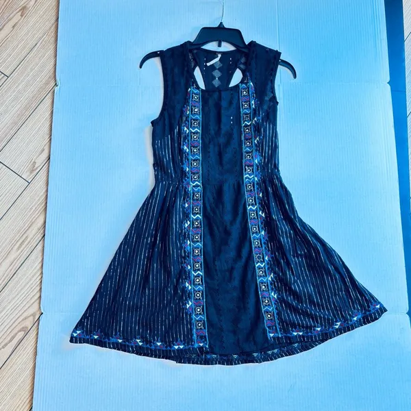 Free People Water Lilly RARE black metallic pinstripe crotchet lace mini dress - Image 9