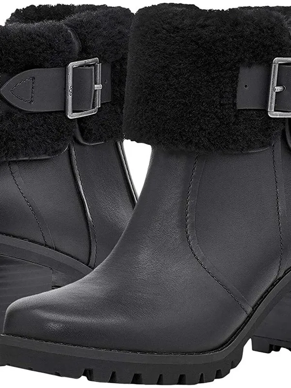 UGG women Black leather shearling platform waterproof heel boots US 7.5 - Image 3