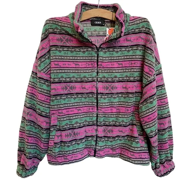 Cider‎ Pink Green Fair Isle Sherpa Fleece Full Zip Jacket XL New - Image 5