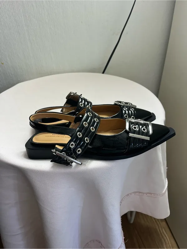 Black Patent Pointed Slingback Mules with Buckle Straps - Image 6