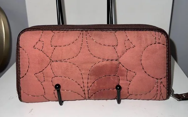 VTG Fossil Key-Per Floral Wallet Brown Leather Zip Around Clutch Organizer Purse - Image 5