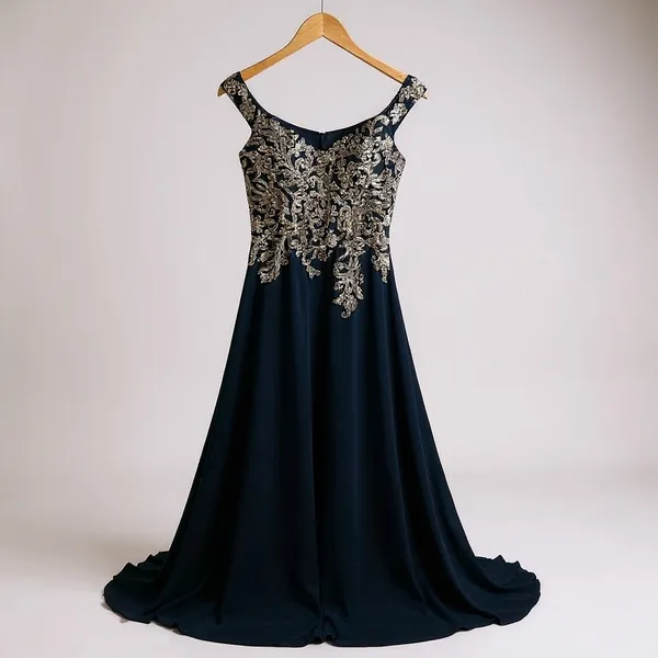 Betsy & Adam Navy Blue Gold Sequin Embroidered Gown ‎ Size 2 Sweetheart V-Back - Image 3