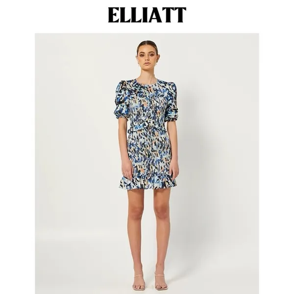 Elliatt Incubus Smocked Short Sleeve Mini Dress in Blue Multi Size Small NWT - Image 2