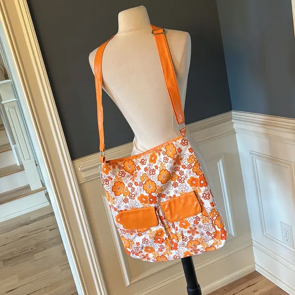 SASHA Handbags NY Large Tote Shoulder Overnight Orange White Floral Purse Womens - Image 3