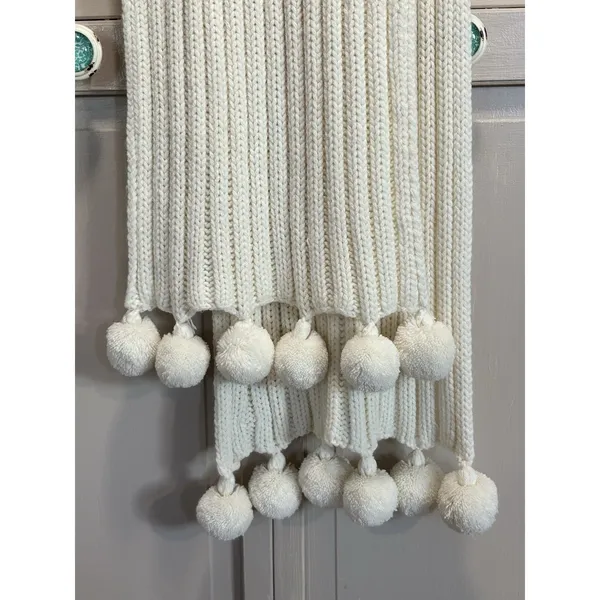 Moda Int Knit Cream Long Scarf Pom‎ Poms Soft Warm Winter Thick Wide - Image 2