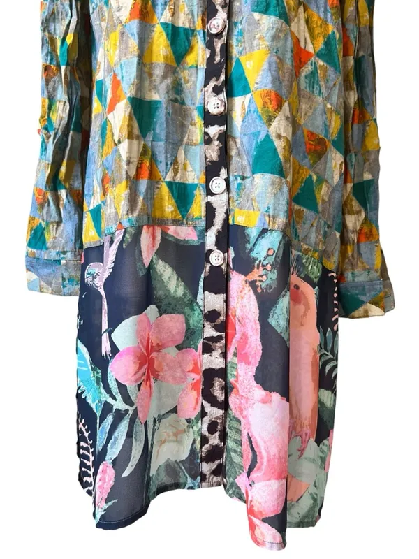 John Mark Tunic Blouse Bird Jungle Print Collared Long Sleeve Button Down Tunic - Image 3