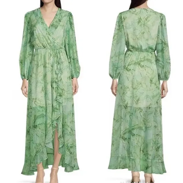 Alex Marie NWT Maxi Dress Green Palm Leaf Print Long Sleeve Faux Wrap Size‎ 24 - Image 2