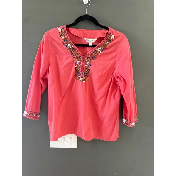 Krazy Kat Womens Coral Pink Embroidered Beaded Fairy 3/4 Sleeve‎ Cotton Tunic L - Image 2