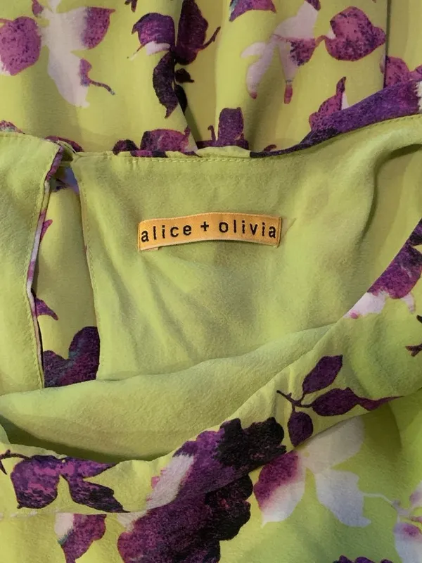 Alice + Olivia Corrine Chartreuse and Purple Floral Silk Dress Sz S-see Meas. - Image 5