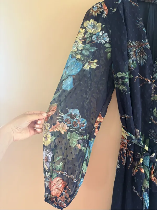 Lulus Fallyn Navy Floral Swiss Dot Long Sleeve Midi Dress Size Medium Tie Waist - Image 12