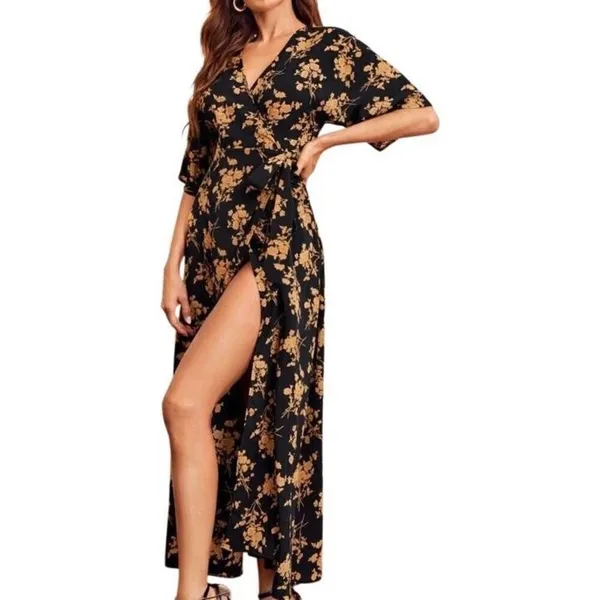 Lulus Black and Gold Wrap Maxi Dress Medium - Image 4