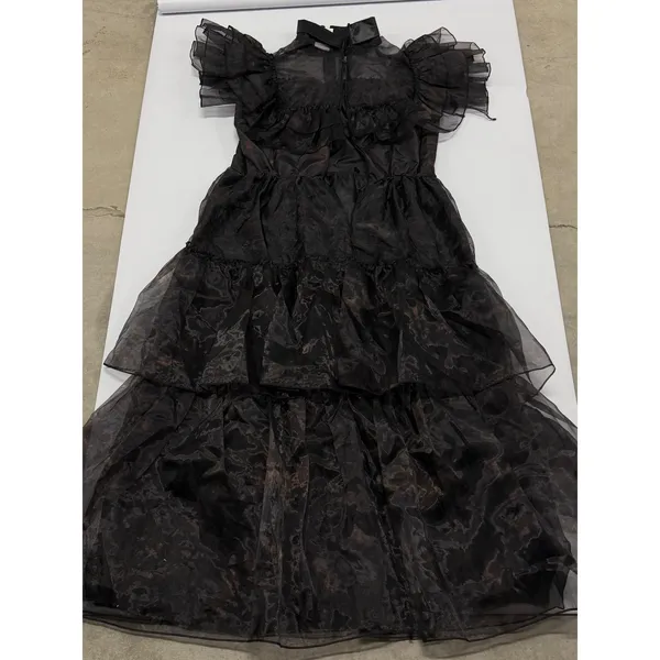 Wednesday Addams Gothic Tiered Maxi Dress Black Sheer Organza Ruffle Gown broken - Image 6